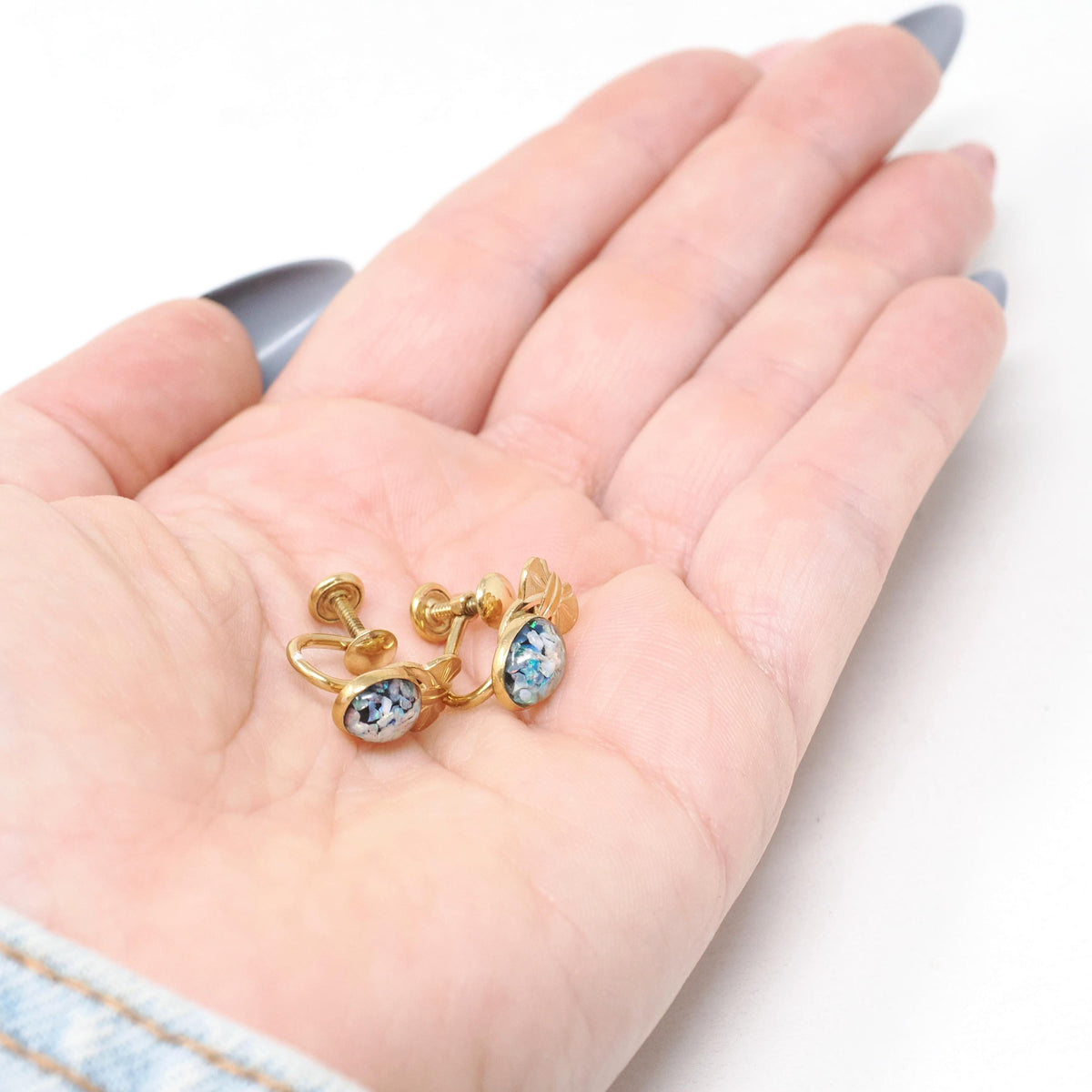 Van Dell Opal Earrings - Mid Century Era 12k Gold Filled Glass Encased Gem Chip Screw Backs - Circa 1960s Signed Fashion Accessory Jewelry