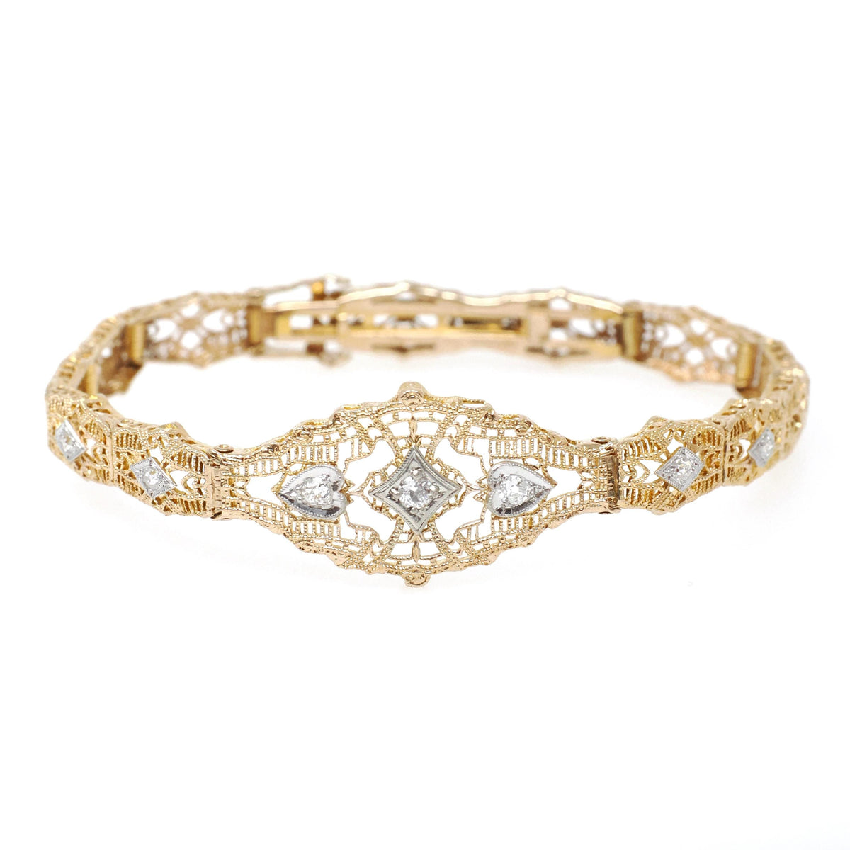 Art Deco Bracelet - Vintage 10k Yellow Gold Filigree Diamond Die Struck Filigree Statement - Circa 1930s Era Wedding Two Tone Fine Jewelry