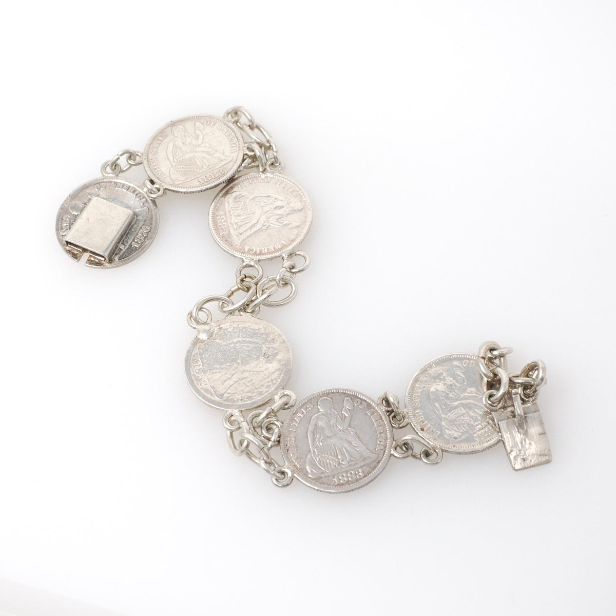 Love Token Bracelet - Antique Victorian Era Silver Personalized Coin Links - Circa 1880s Era 8 Inch Name & Initials Keepsake Fashion Jewelry