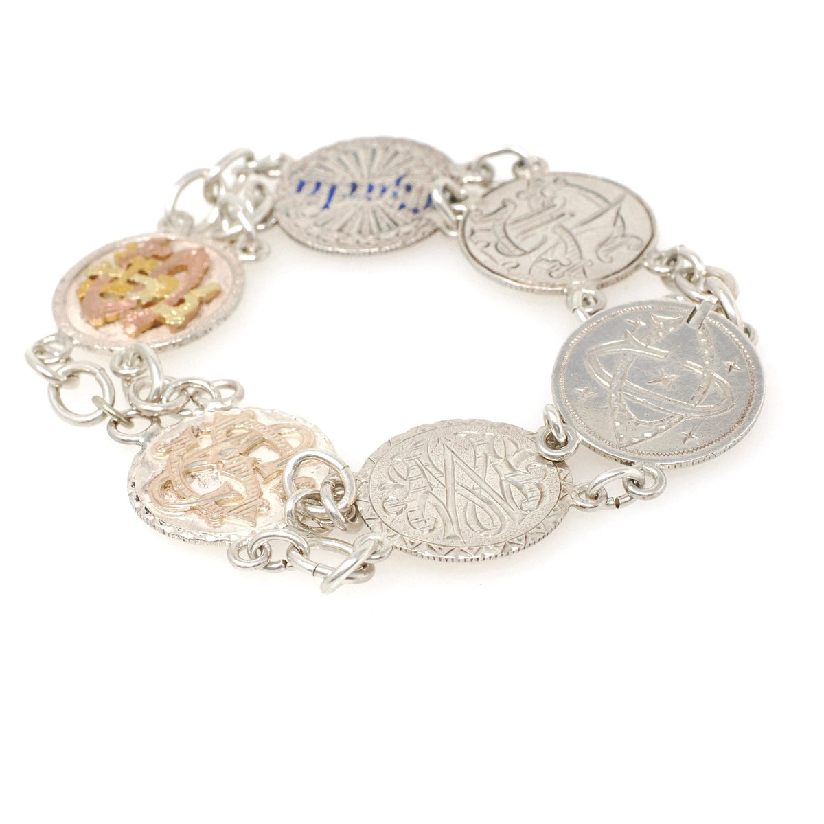 Love Token Bracelet - Antique Victorian Era Silver Personalized Coin Links - Circa 1880s Era 8 Inch Name & Initials Keepsake Fashion Jewelry