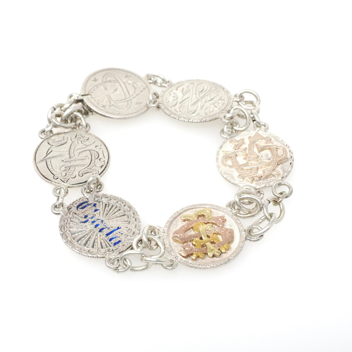 Love Token Bracelet - Antique Victorian Era Silver Personalized Coin Links - Circa 1880s Era 8 Inch Name & Initials Keepsake Fashion Jewelry