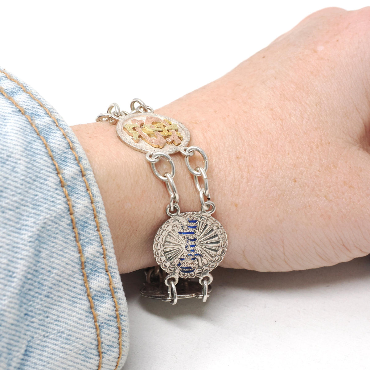 Love Token Bracelet - Antique Victorian Era Silver Personalized Coin Links - Circa 1880s Era 8 Inch Name & Initials Keepsake Fashion Jewelry