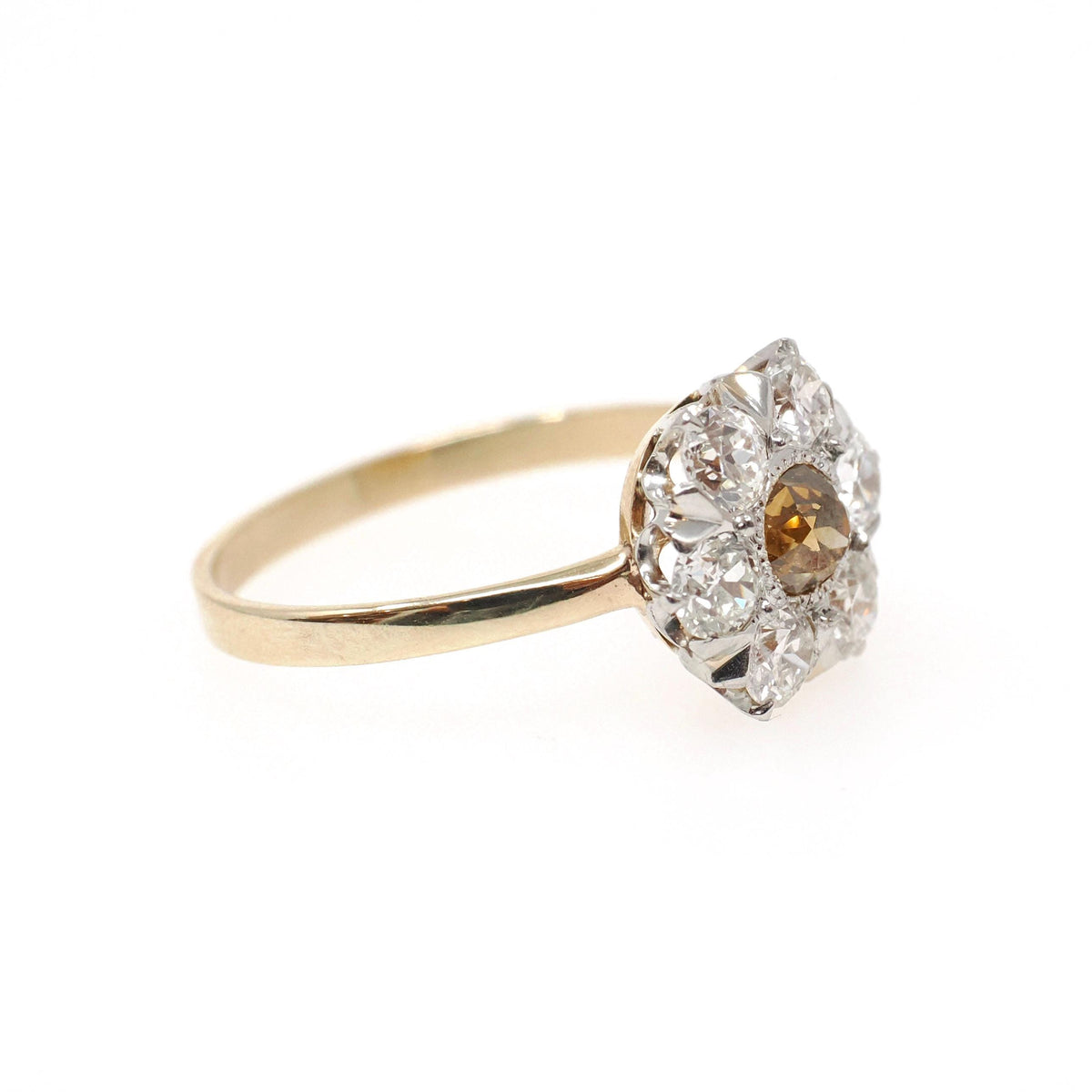 Antique Flower Ring - Edwardian 14k Yellow Gold & Platinum 1.25 CTW Diamond Cluster Halo - Circa Early 1900s Size 7.75 Two Tone Fine Jewelry