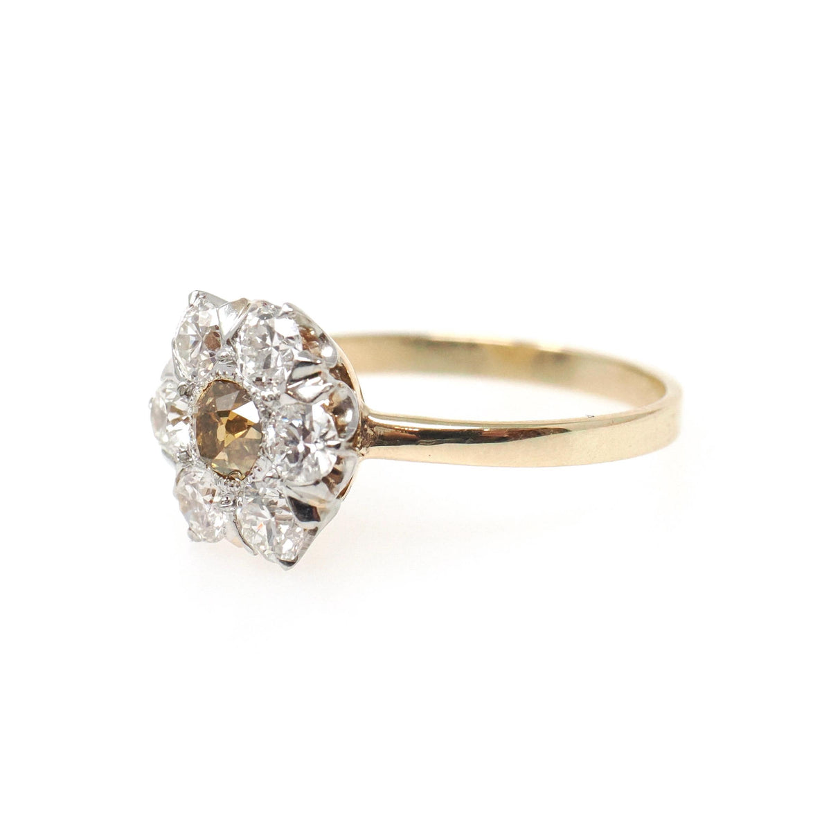 Antique Flower Ring - Edwardian 14k Yellow Gold & Platinum 1.25 CTW Diamond Cluster Halo - Circa Early 1900s Size 7.75 Two Tone Fine Jewelry