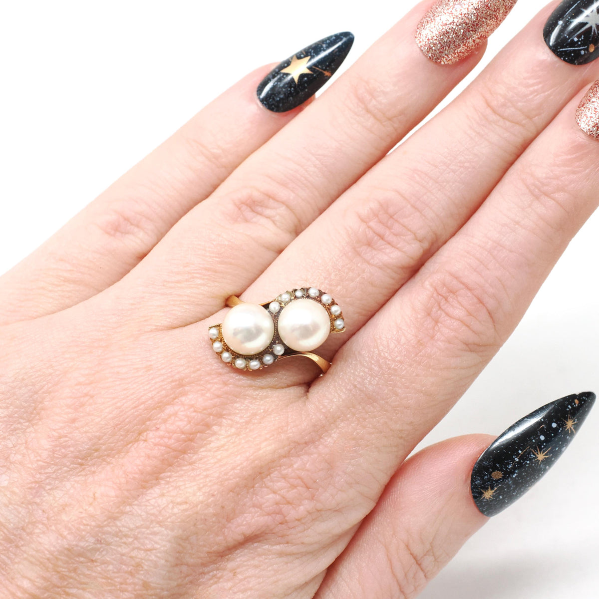 Vintage Pearl Ring - Mid Century Era 18k Yellow Gold Toi Et Moi Crescent Statement Bypass - Circa 1960 Size 8 June Birthstone Fine Jewelry