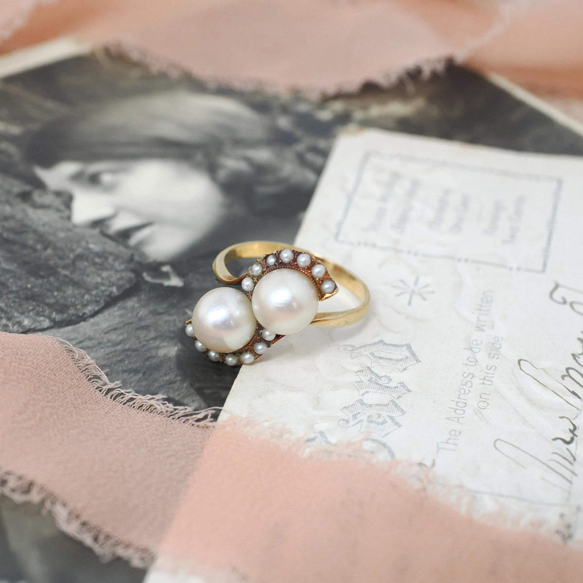 Vintage Pearl Ring - Mid Century Era 18k Yellow Gold Toi Et Moi Crescent Statement Bypass - Circa 1960 Size 8 June Birthstone Fine Jewelry