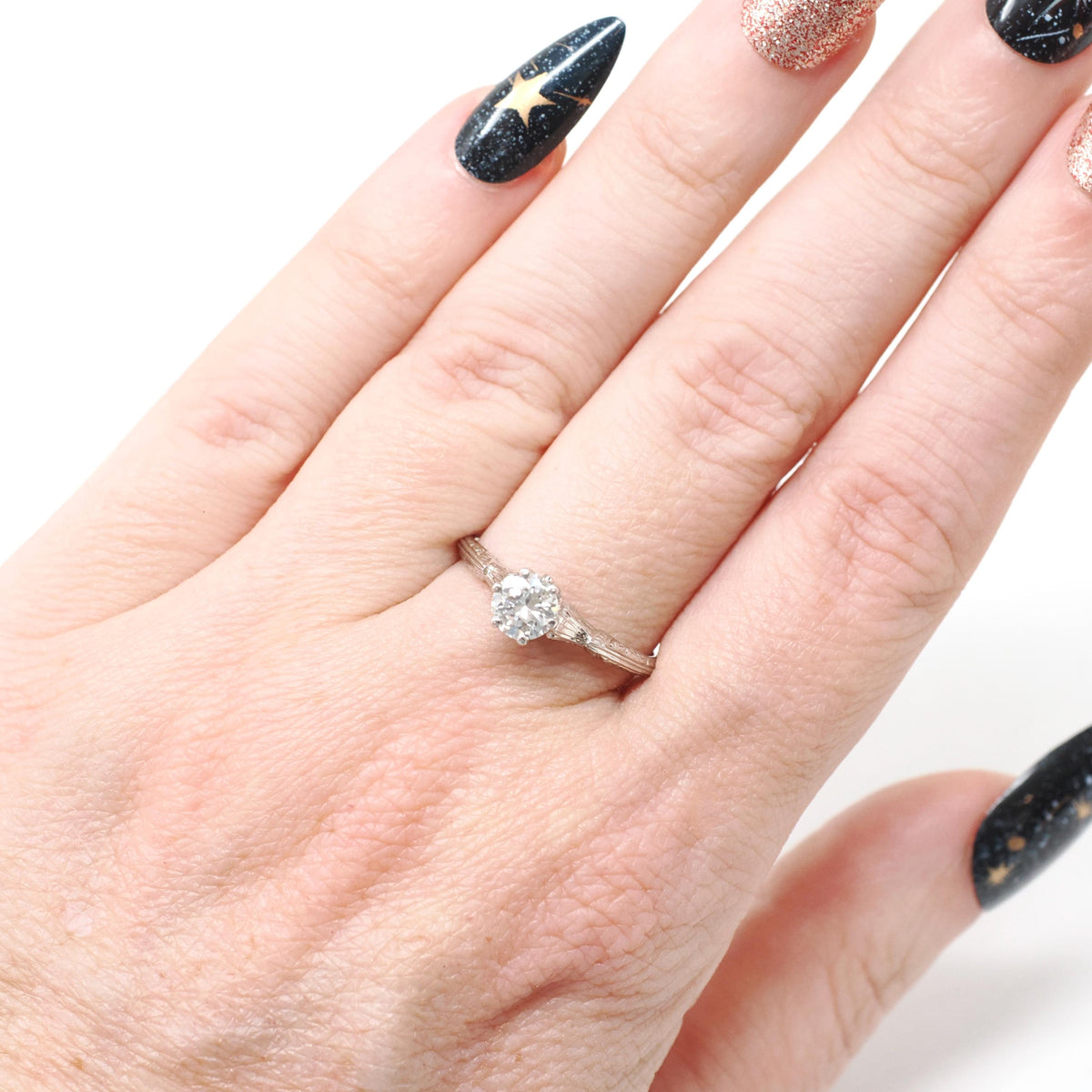 Art Deco Engagement Ring - Antique 18k White Gold .21 CT Natural Round Brilliant Cut Diamond Solitaire - Circa 1920s Size 7.25 Fine Jewelry