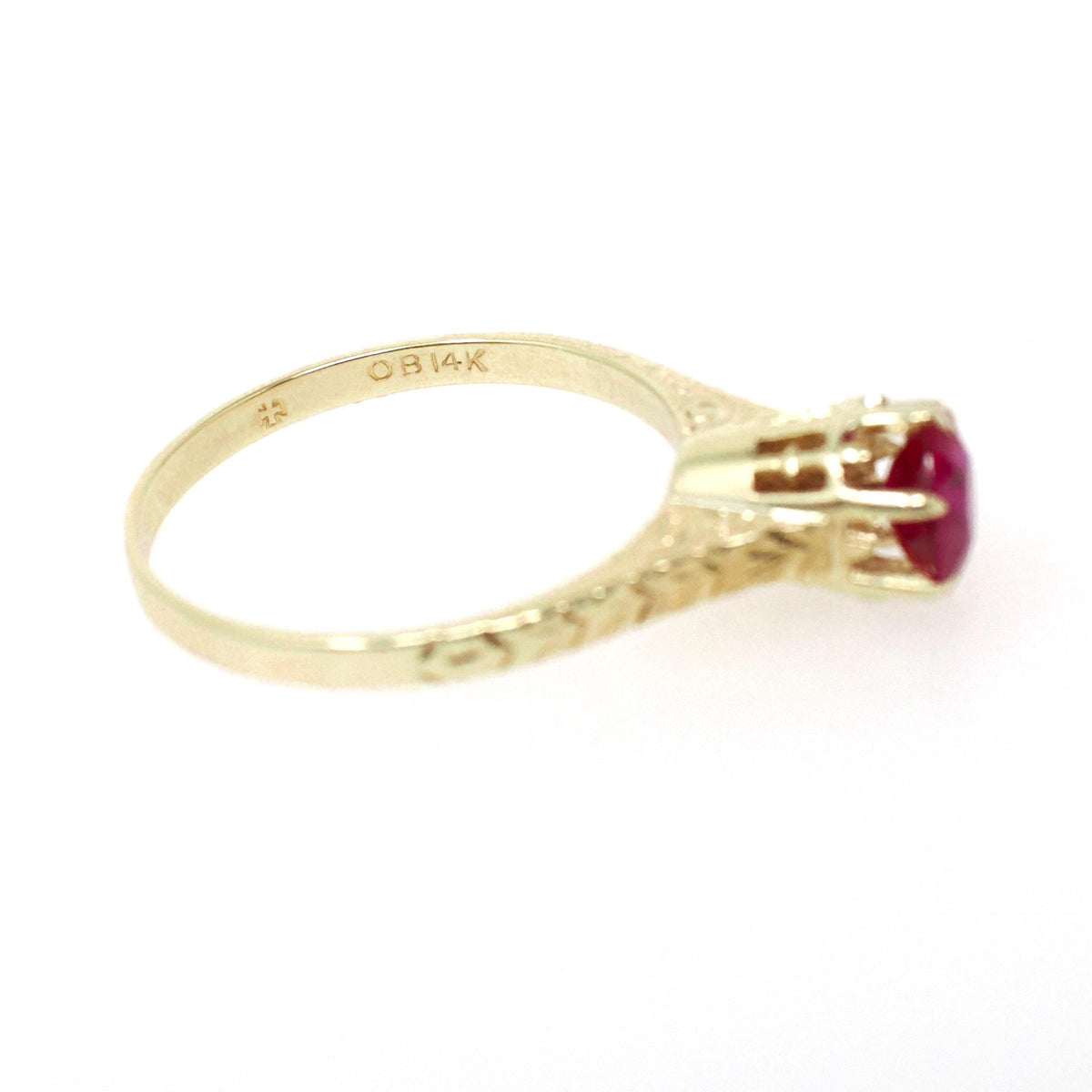 Ostby & Barton Ring - Art Deco 14k Yellow Gold Created Red Ruby Gem Solitaire - Circa 1930s Era Size 7 Wheat Engraved Fine Statement Jewelry