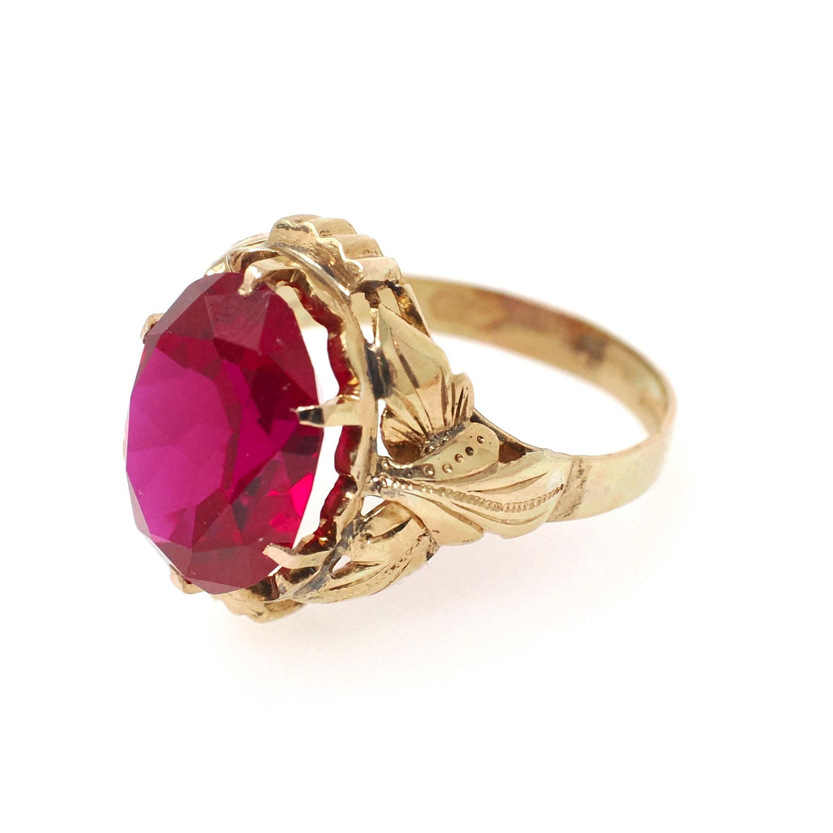 Created Ruby Ring - Mid Century 18k Yellow Gold Red Oval Faceted 5.42 CT Gemstone - Vintage Circa 1960s Size 6 July Birthstone Fine Jewelry