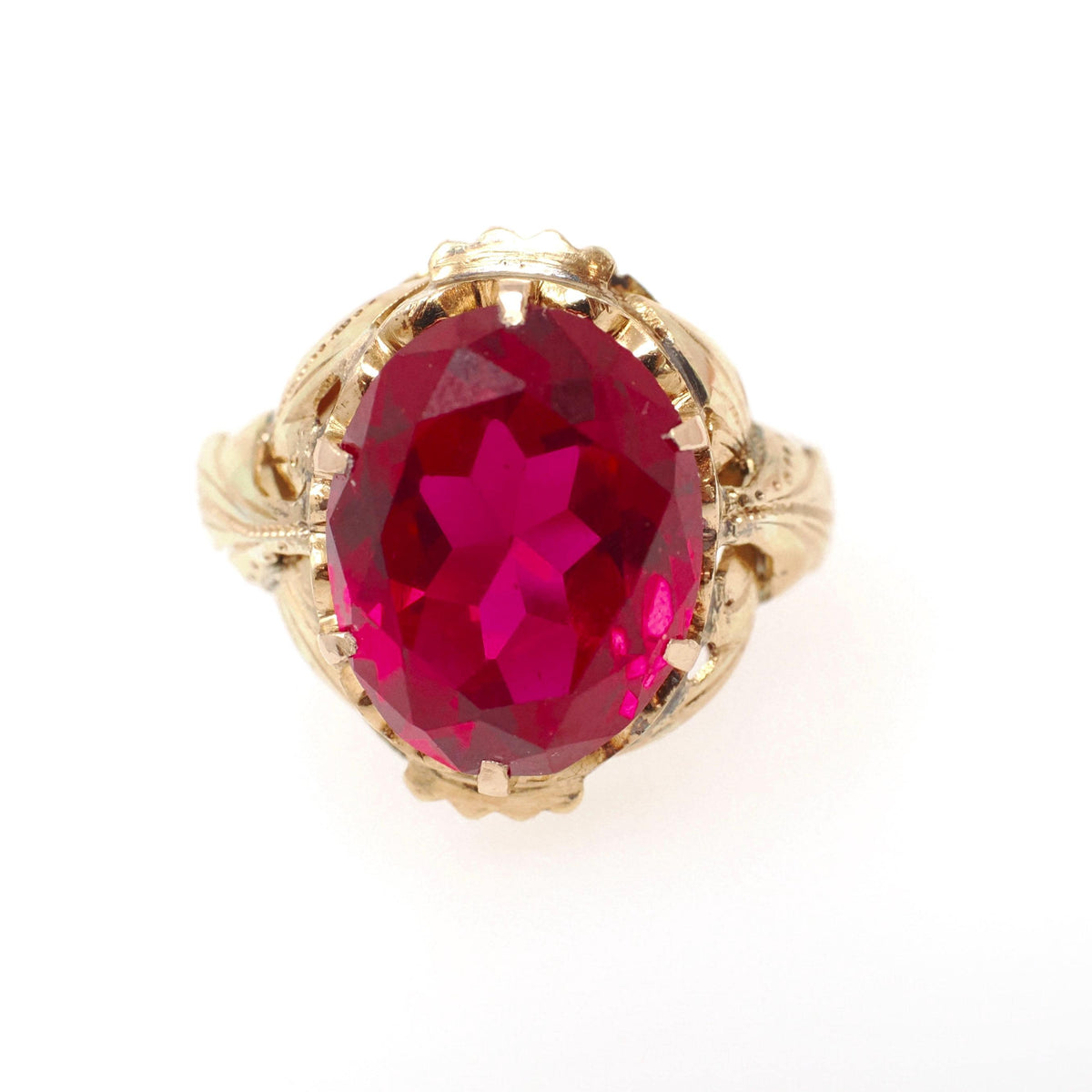 Created Ruby Ring - Mid Century 18k Yellow Gold Red Oval Faceted 5.42 CT Gemstone - Vintage Circa 1960s Size 6 July Birthstone Fine Jewelry