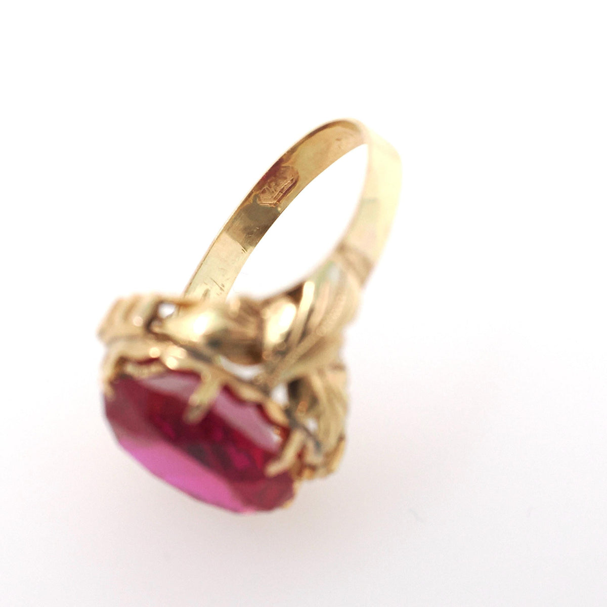 Created Ruby Ring - Mid Century 18k Yellow Gold Red Oval Faceted 5.42 CT Gemstone - Vintage Circa 1960s Size 6 July Birthstone Fine Jewelry
