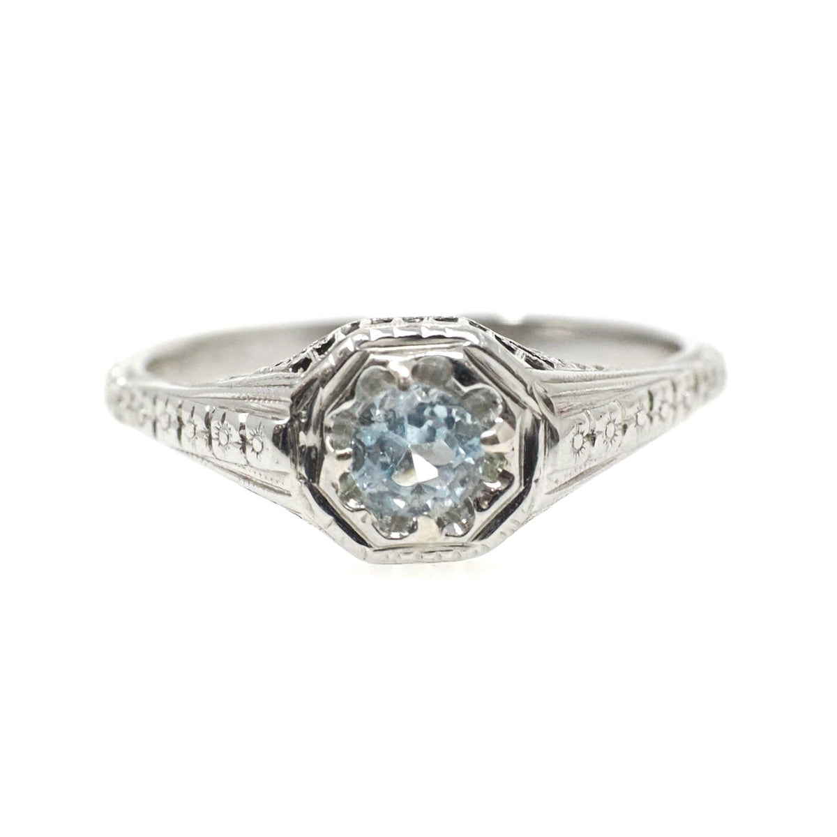 Topaz Filigree Ring - Antique Art Deco 18k White Gold Natural .70 Natural Blue Gem - Circa 1920s Size 7 1/2 December Birthstone Fine Jewelry