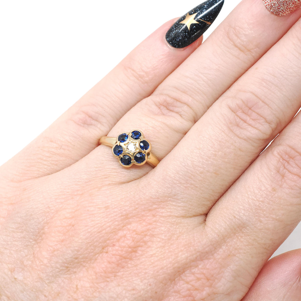Antique Flower Ring - Edwardian 18k Yellow Gold Blue Sapphire .48 TW Gemstone Cluster - Circa 1910s Era Size 5 1/4 Diamond Fine Halo Jewelry