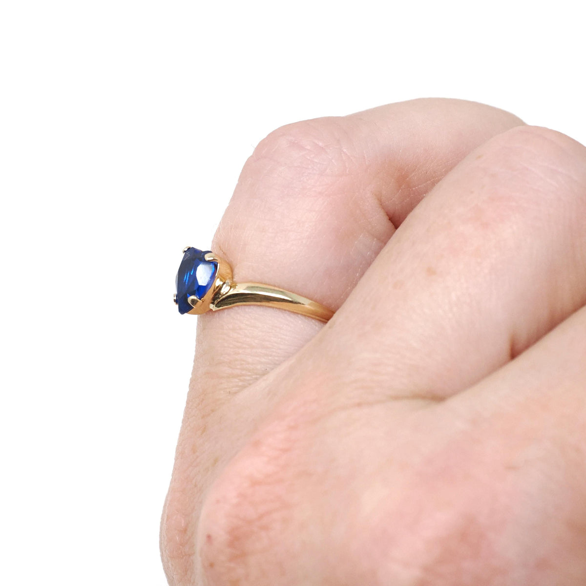 Vintage Created Spinel Ring - Mid Century 10k Yellow Gold Heart Cobalt Blue Gem Bypass - Circa 1960s Size 5 1/4 September Birthstone Jewelry