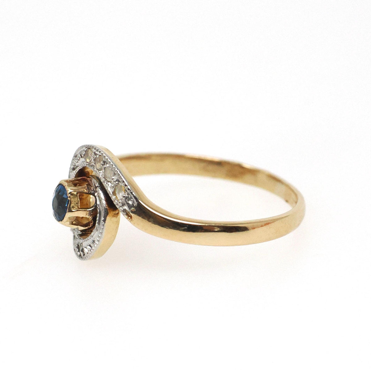 Antique Swirl Ring - Edwardian 18k Yellow Gold & Platinum Blue Glass Diamond Chips - Circa 1900s Size 7 French Handmade Halo Fine Jewelry
