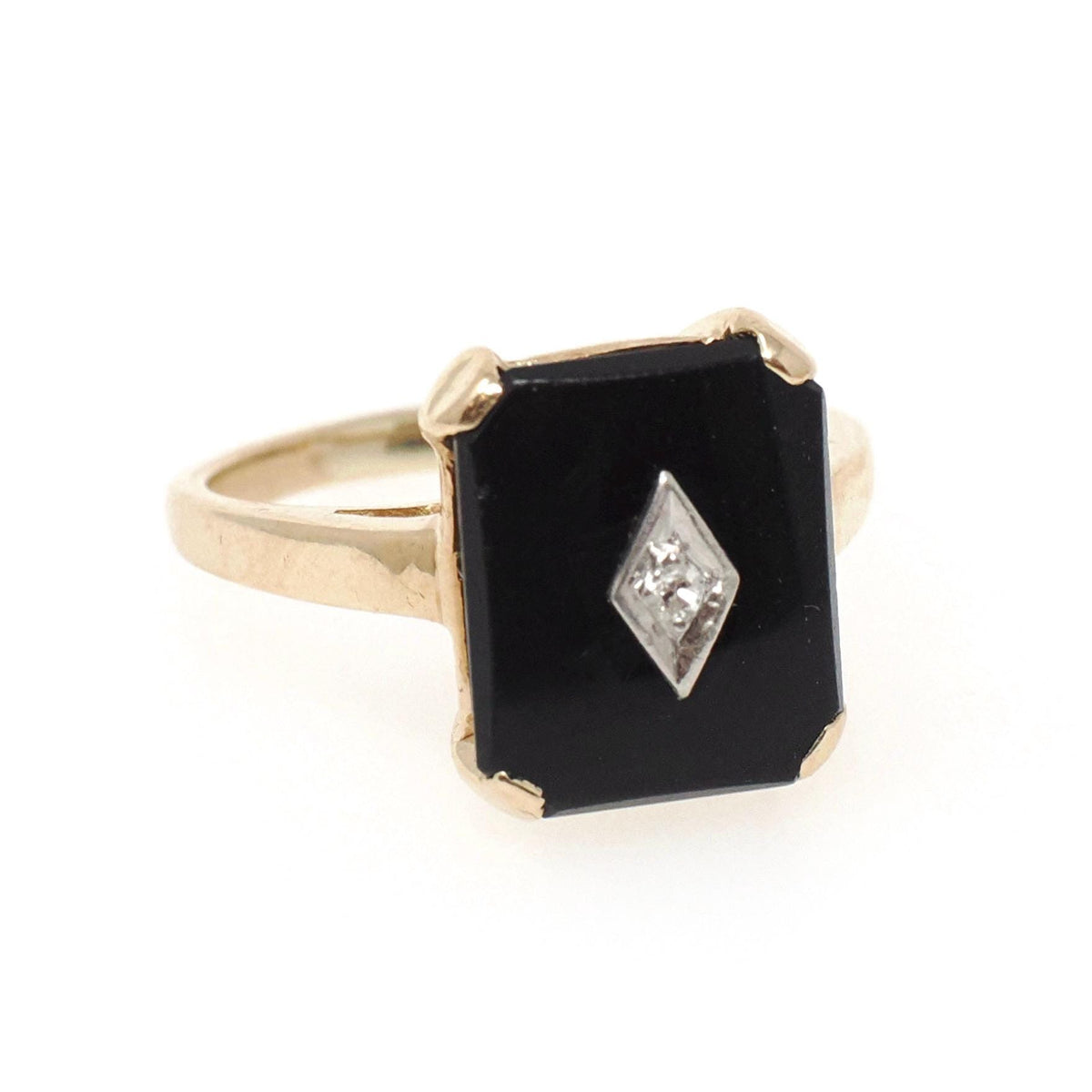 Vintage Onyx Ring - Mid Century 14k Yellow Gold Black Chalcedony Gemstone - Circa 1960s Era Size 6 1/4 Accent Diamond Statement Fine Jewelry