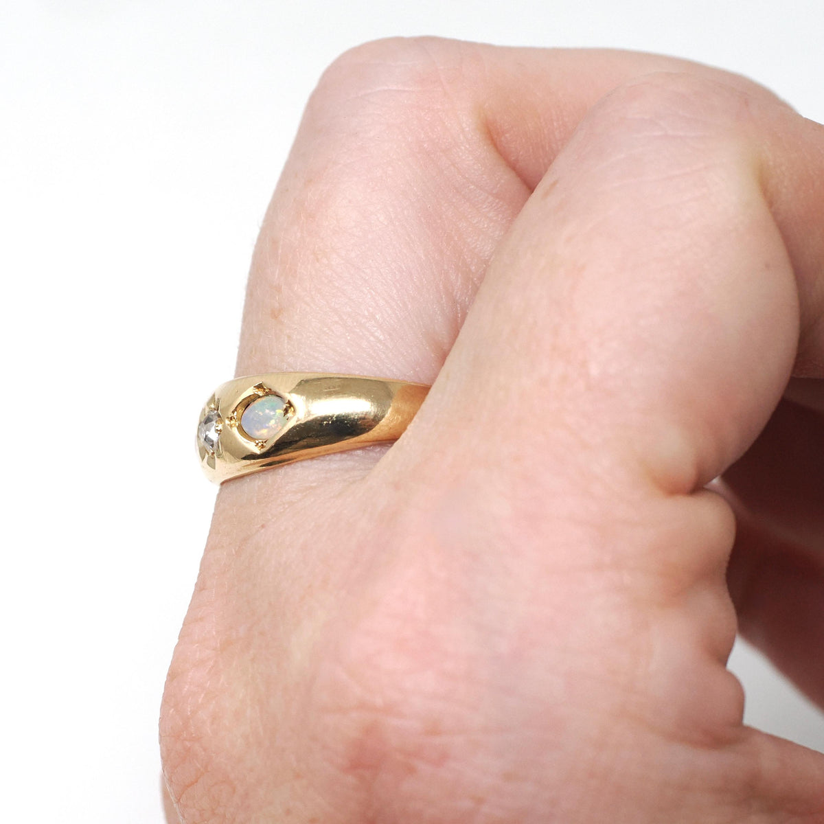 Antique Opal & Diamond Ring - Victorian 18k Yellow Gold Three Stone Natural Gemstone Band - Dated 1892 Size 7 1/2 Star Incised Fine Jewelry