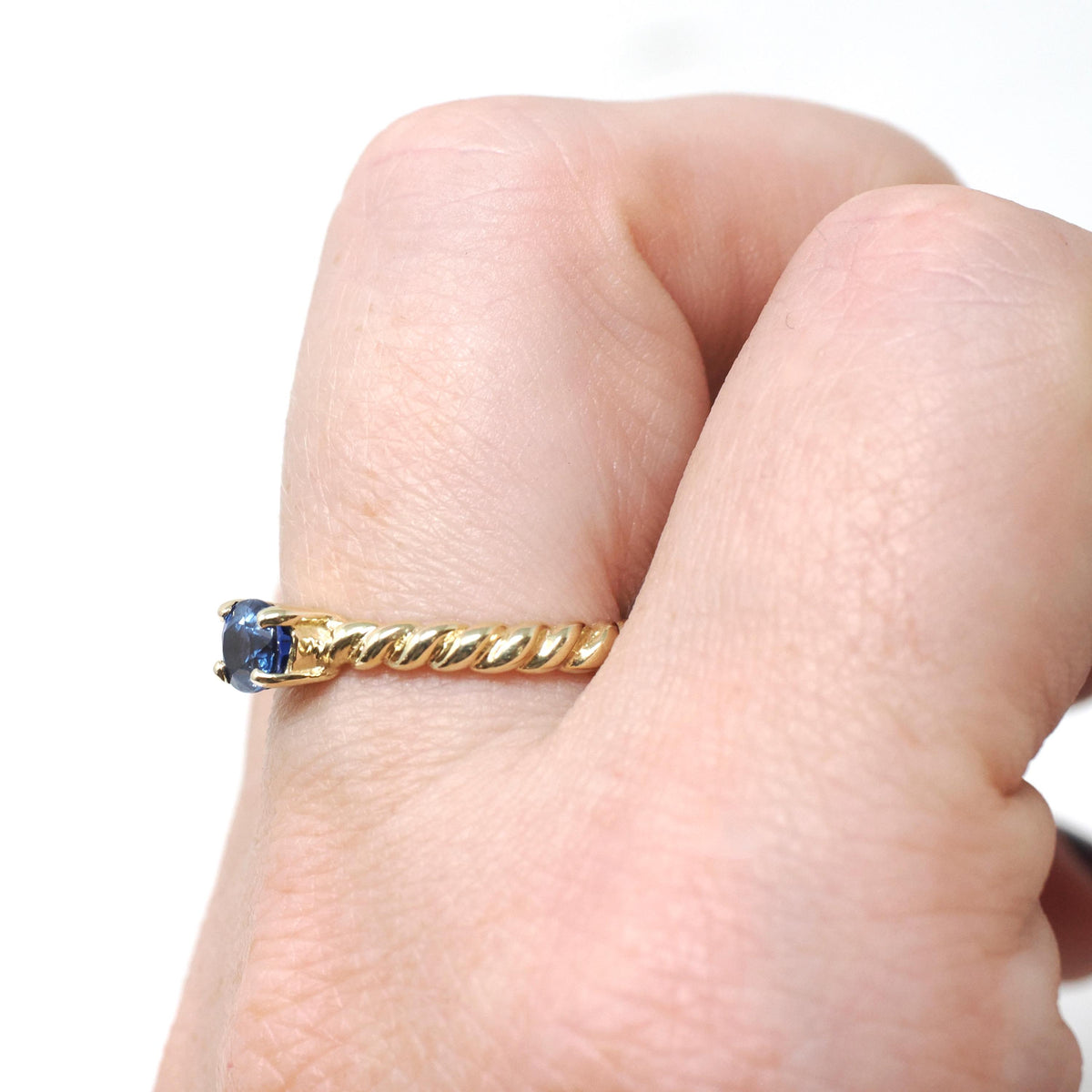 Sapphire Stacking Ring - Contemporary 14k Yellow Gold Natural Blue East West Gem Solitaire - Circa 2000s Size 6 Fine Bubble Band Jewelry