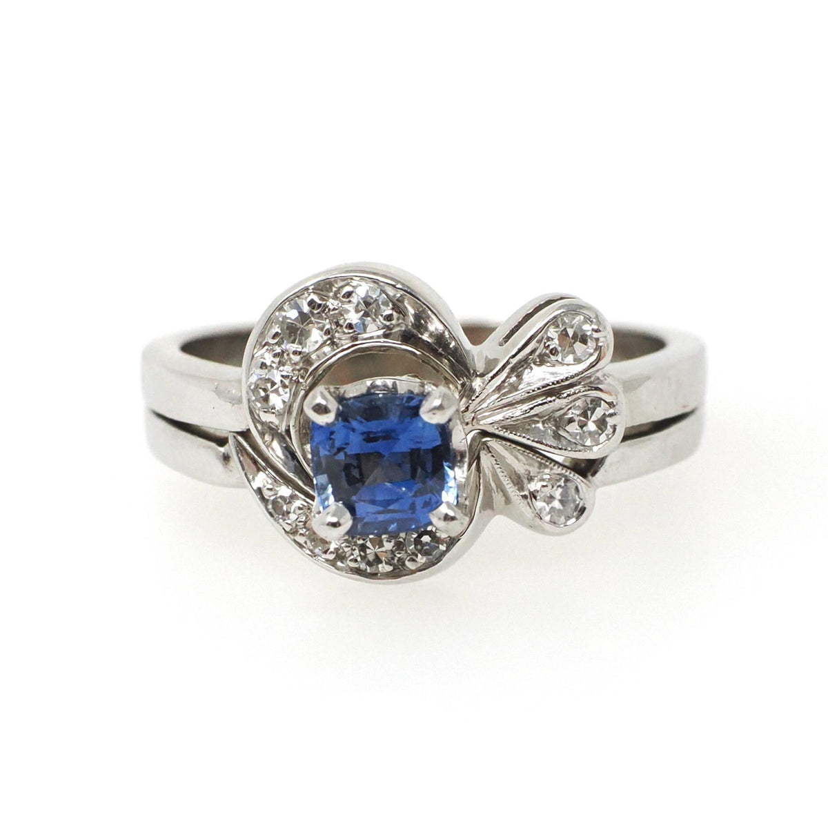 Vintage Bridal Ring Set - Mid Century 14k White Gold Natural Sapphire & Diamond Soldered Pair - Circa 1950s Size 6 Fine Engagement Jewelry