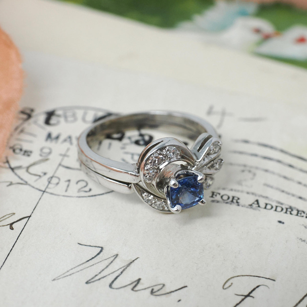 Vintage Bridal Ring Set - Mid Century 14k White Gold Natural Sapphire & Diamond Soldered Pair - Circa 1950s Size 6 Fine Engagement Jewelry