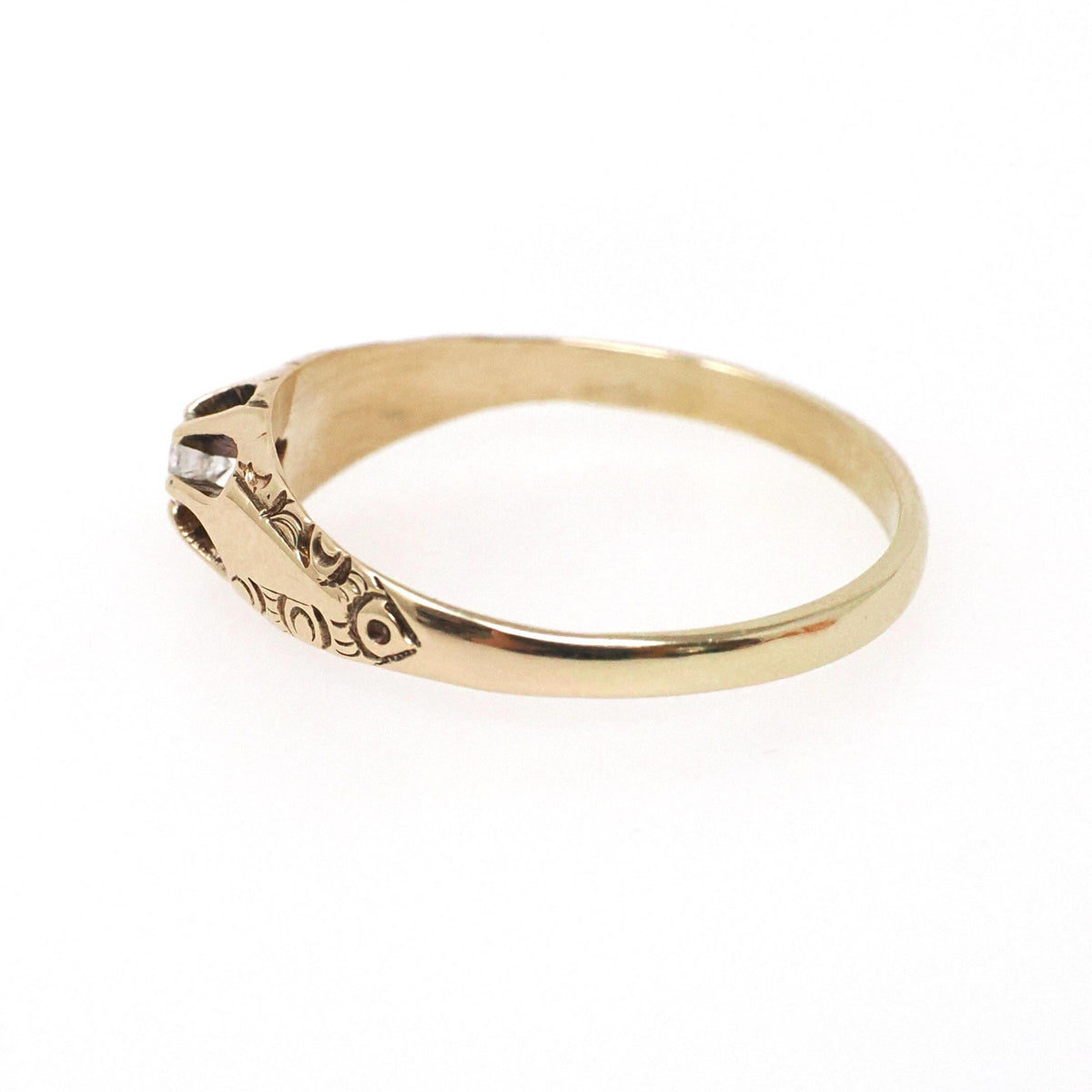 Antique Diamond Ring - Edwardian 10k Yellow Gold Natural .08 CT Round Brilliant Solitaire - Circa 1900s Size 8.25 Belcher Engagement Jewelry