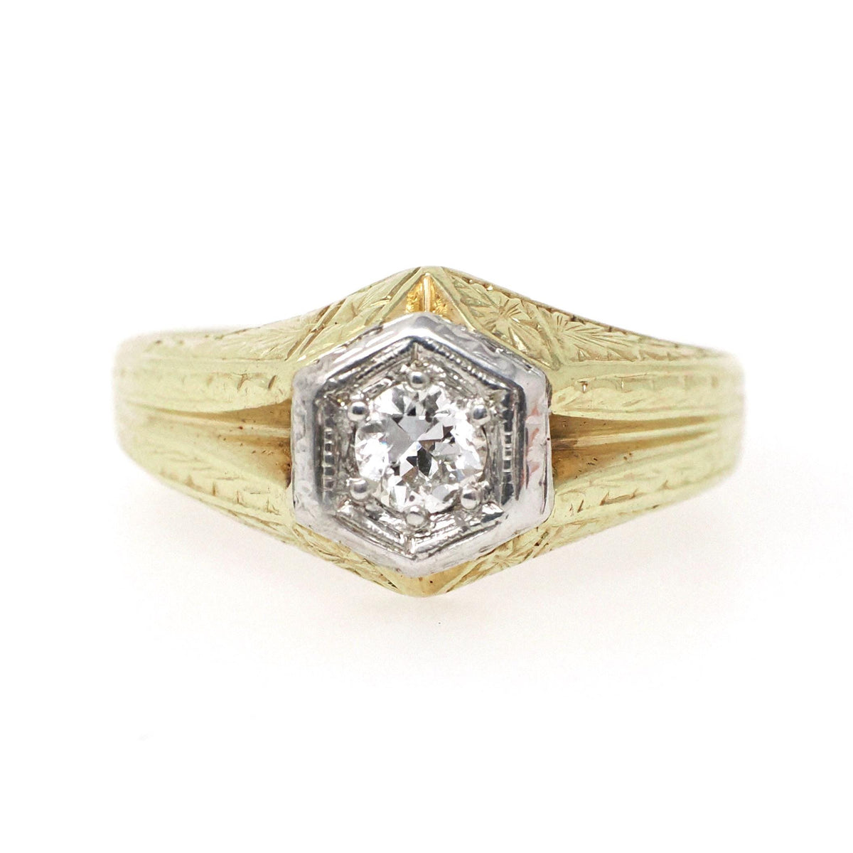 Vintage Diamond Ring - Art Deco 14k Yellow & White Gold Hexagonal .25 CT Round Solitaire - Circa 1930s Era Size 8 1/2 Engraved Fine Jewelry