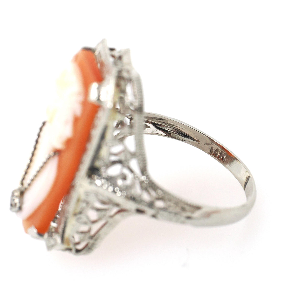Vintage Cameo Habillé Ring - Art Deco 14k White Gold Carved Shell & Natural Diamond - Circa 1930s Size 6 1/4 Portrait Fine Filigree Jewelry