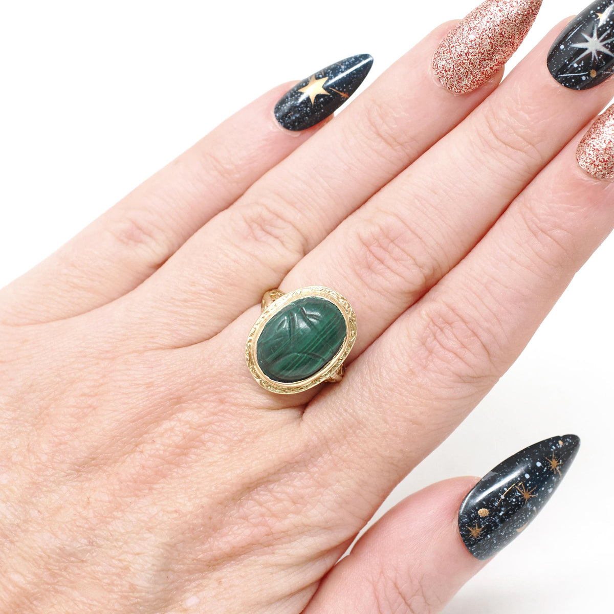 Vintage Scarab Ring - Art Deco 14k Yellow Gold Carved Natural Malachite Gem Solitaire - Circa 1930s Size 4 3/4 Egyptian Revival Fine Jewelry
