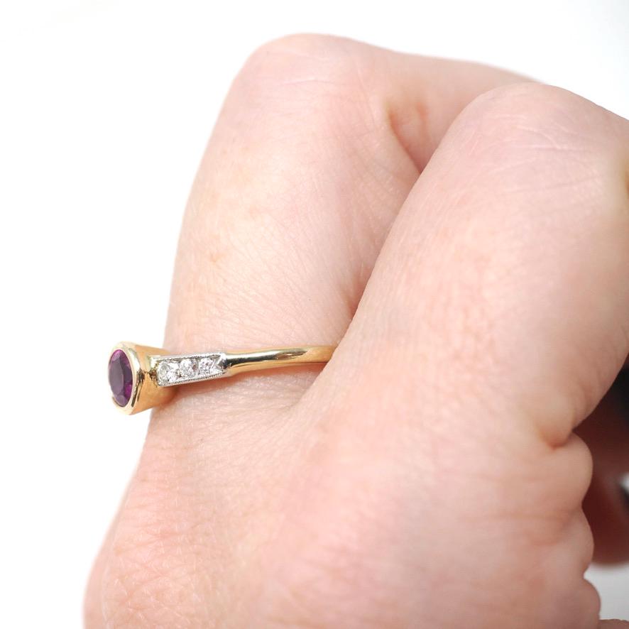 Ruby & Diamond Engagement Ring - Modern Era 14k Yellow Gold Platinum .66 CT Bezel Natural Red Corundum Gem - Circa 2000s Size 8 Fine Jewelry