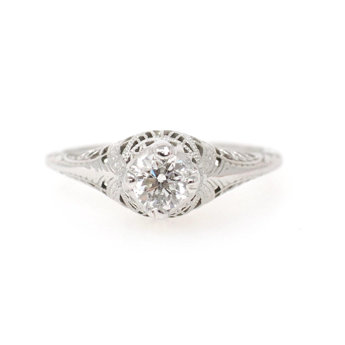 Antique Diamond Ring - Art Deco 18k White Gold Natural .43 CT Filigree Solitaire Engagement - Circa 1920s Era Size 8 Fine Bridal Jewelry
