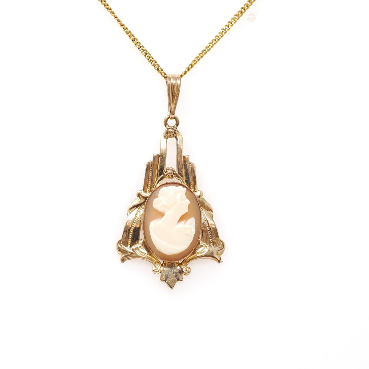 Vintage Cameo Pendant - Retro 10k Gold Filled Carved Shell Pendant Necklace - Circa 1940s Era Woman's Silhouette Statement Keepsake Jewelry