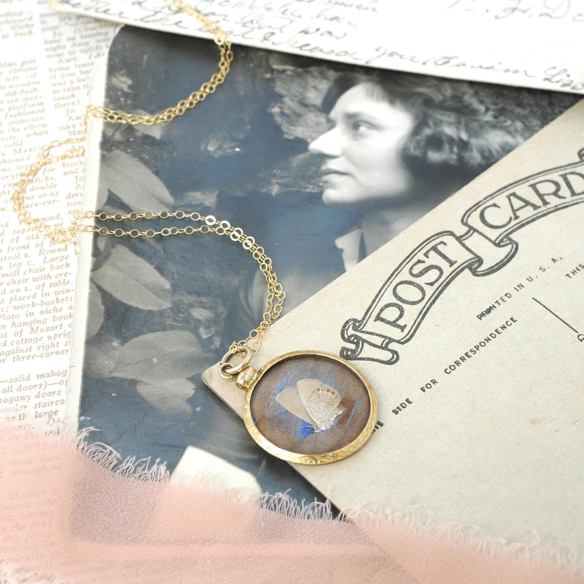 Antique Butterfly Fob Necklace - Edwardian 14k Yellow Gold Double Sided Moth Iridescent Blue Morpho Wing - Circa 1910s Fine Pendant Jewelry