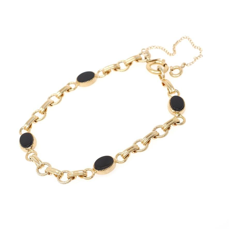 Vintage Onyx Bracelet - Modernist 12k Gold Filled Natural Oval Black Chalcedony Gemstone Links - Circa 1960s 7 Inches Safety Chain Jewelry