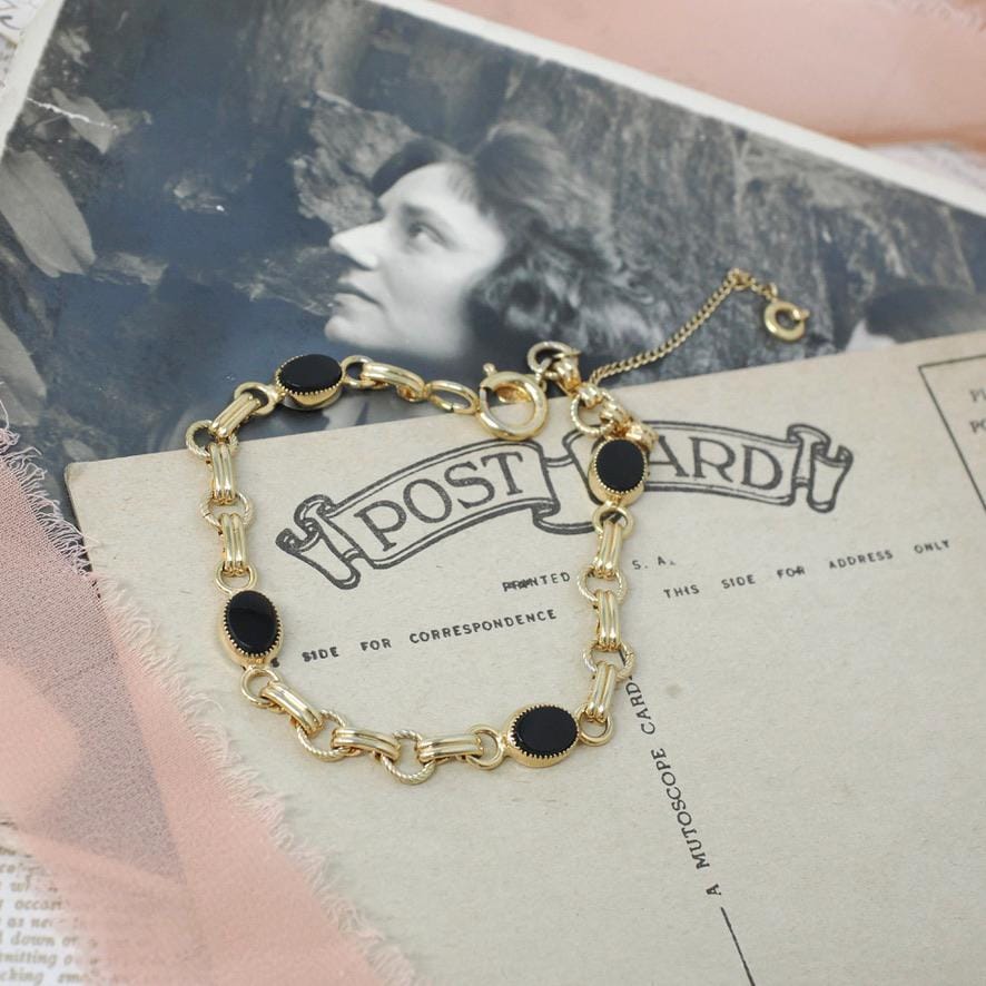 Vintage Onyx Bracelet - Modernist 12k Gold Filled Natural Oval Black Chalcedony Gemstone Links - Circa 1960s 7 Inches Safety Chain Jewelry