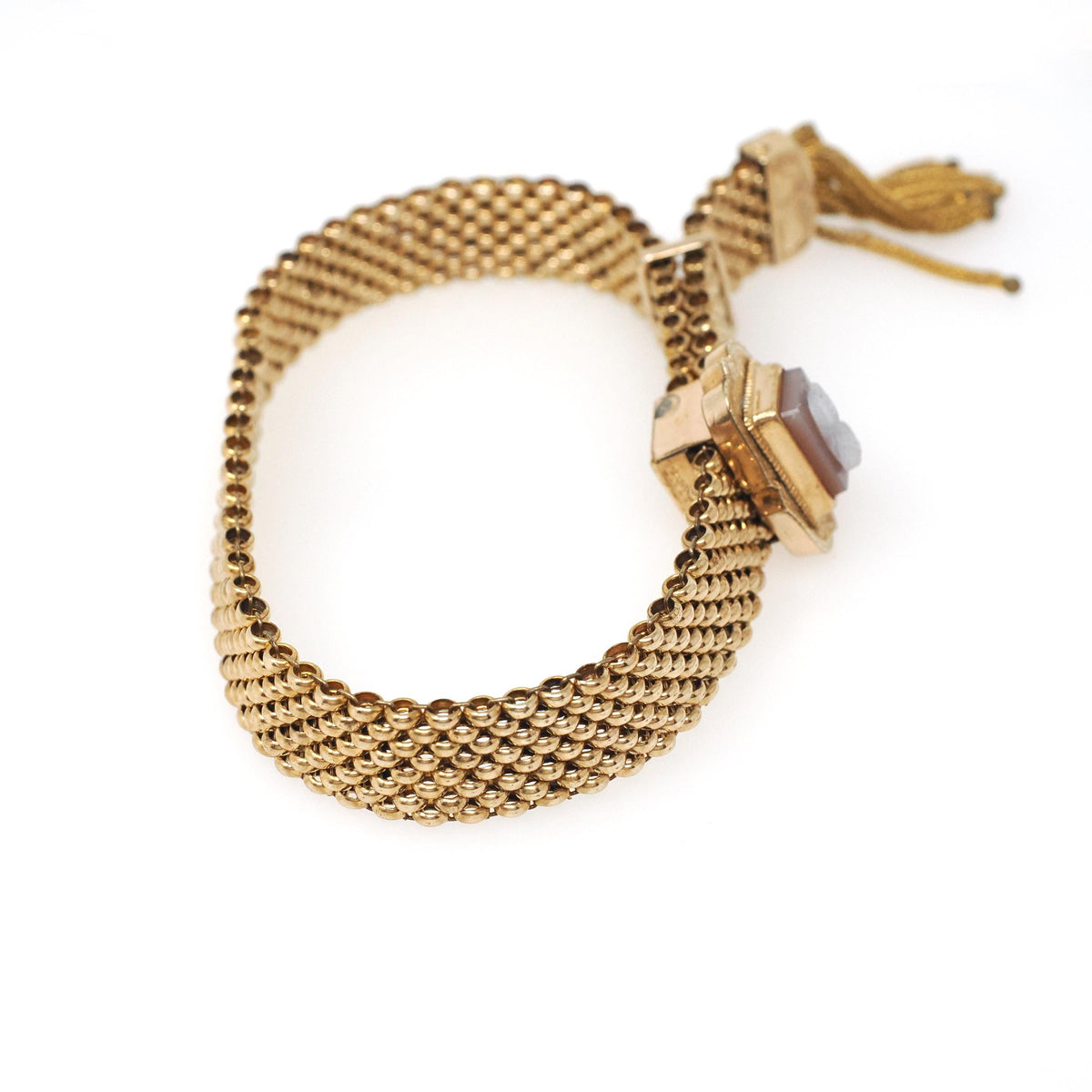 Antique Mesh Bracelet - Victorian Gold Filled Adjustable Woven Tassel Sardonyx Cameo Statement - Circa 1890s Era Carved Woman Fine Jewelry