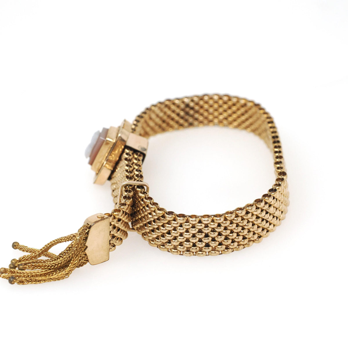 Antique Mesh Bracelet - Victorian Gold Filled Adjustable Woven Tassel Sardonyx Cameo Statement - Circa 1890s Era Carved Woman Fine Jewelry