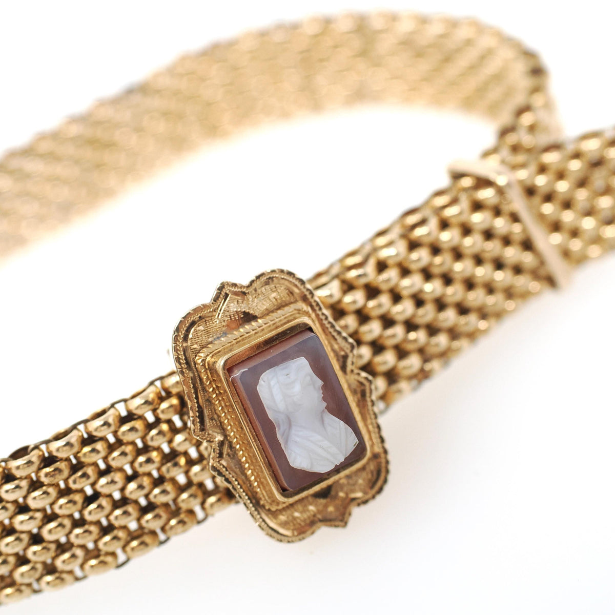 Antique Mesh Bracelet - Victorian Gold Filled Adjustable Woven Tassel Sardonyx Cameo Statement - Circa 1890s Era Carved Woman Fine Jewelry