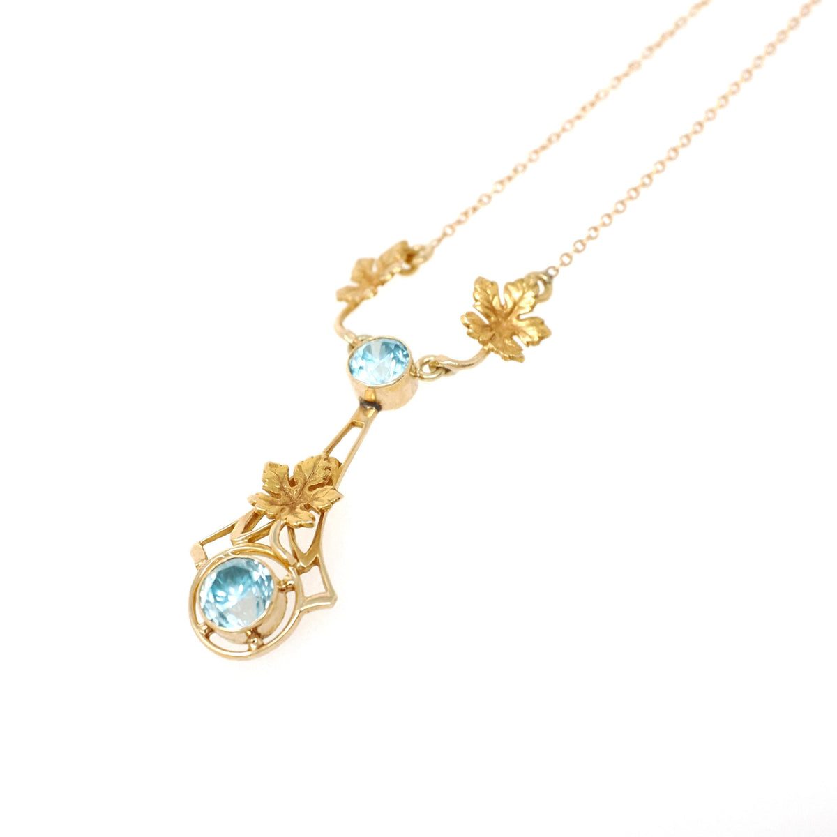 Vintage Zircon Lavalier - Retro 14k Yellow Gold Blue Round Faceted 1.95 CTW Gemstone Necklace - Circa 1940s Era Fine Statement Jewelry