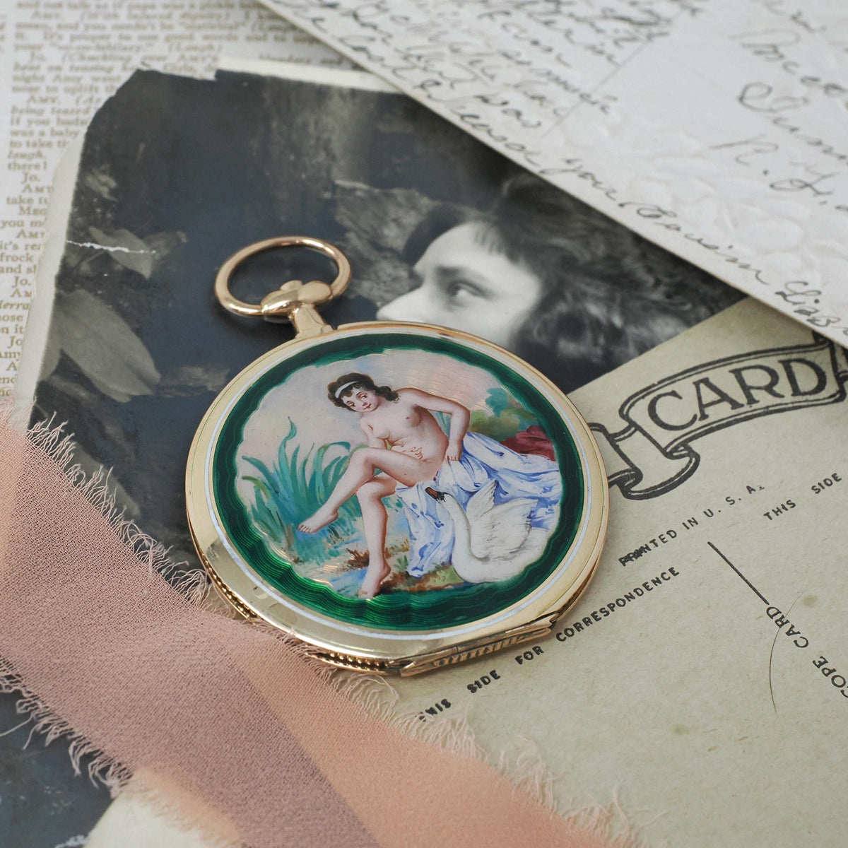 Antique "Leda & Swan" Locket - Edwardian 14k Yellow Gold Keepsake Pendant Charm Pocket Watch Case - Vintage Circa 1900 Greek Myths Jewelry