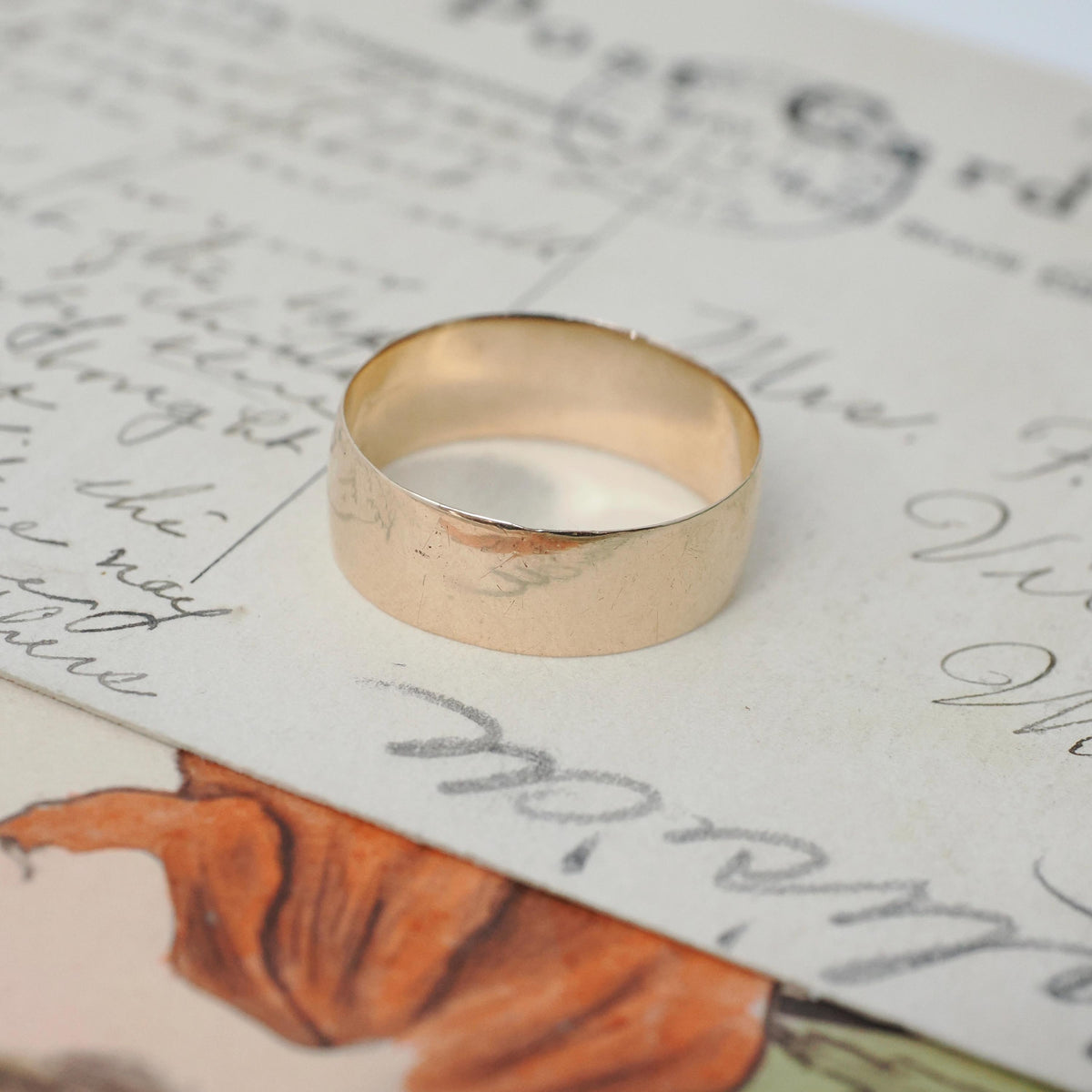 Antique Cigar Band - Edwardian 10k Yellow Gold Unadorned 6.9 MM Wide Ring - Circa 1910s Size 8 1/2 - Unisex Wedding Fine Statement Jewelry