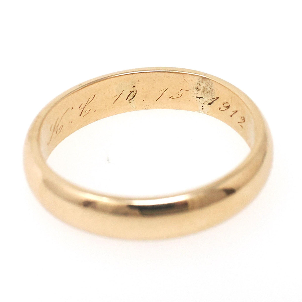 Edwardian Wedding Band - Antique 14k Yellow Gold 4.6MM Half Round Ring - Dated 10-15-1912 Size 9 Inscribed Bridal Fine Stacking Jewelry