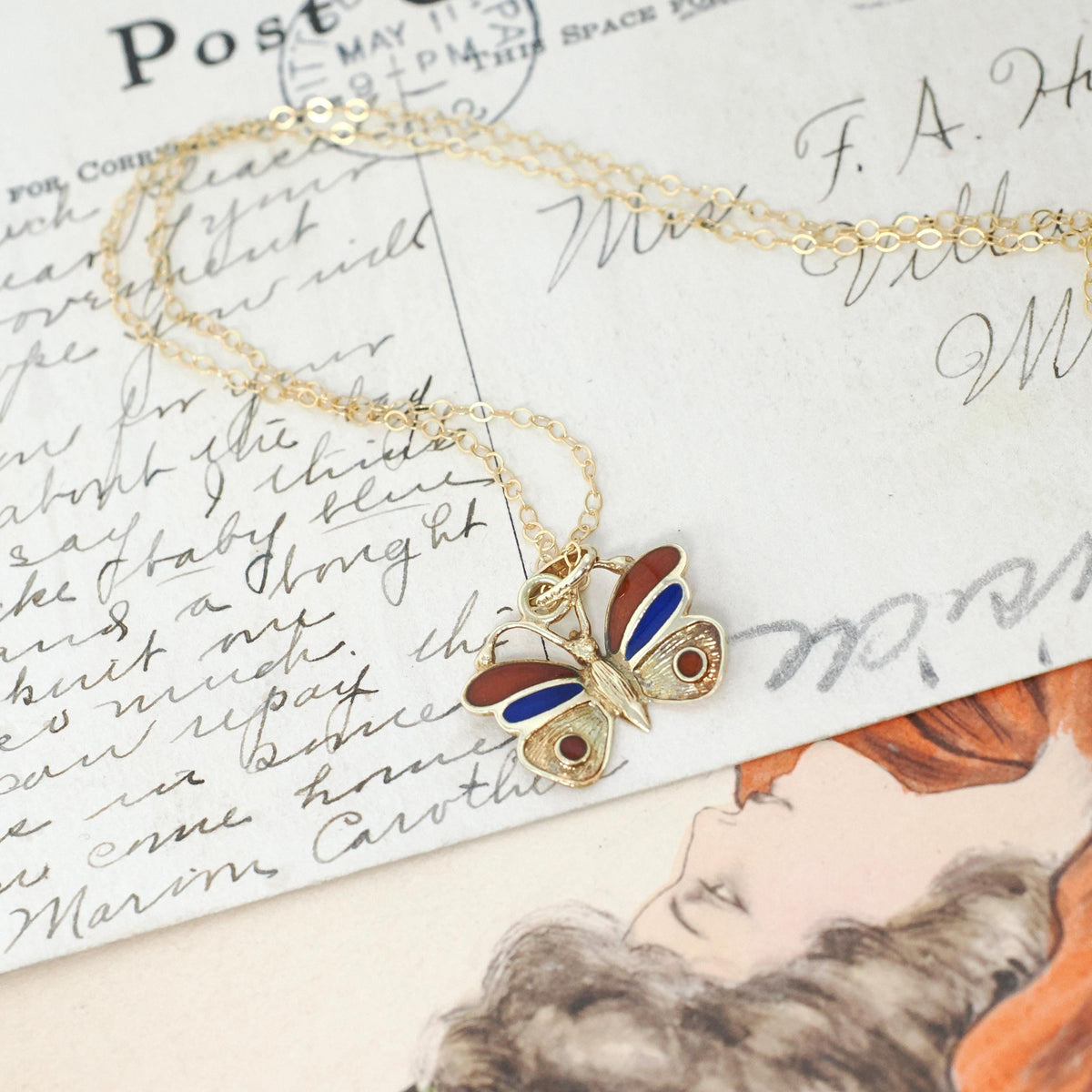 Vintage Butterfly Necklace - Estate 14k Yellow Gold Red Blue Enamel Colorful Pendant Charm - Contemporary Circa 2000s Era Fine Jewelry