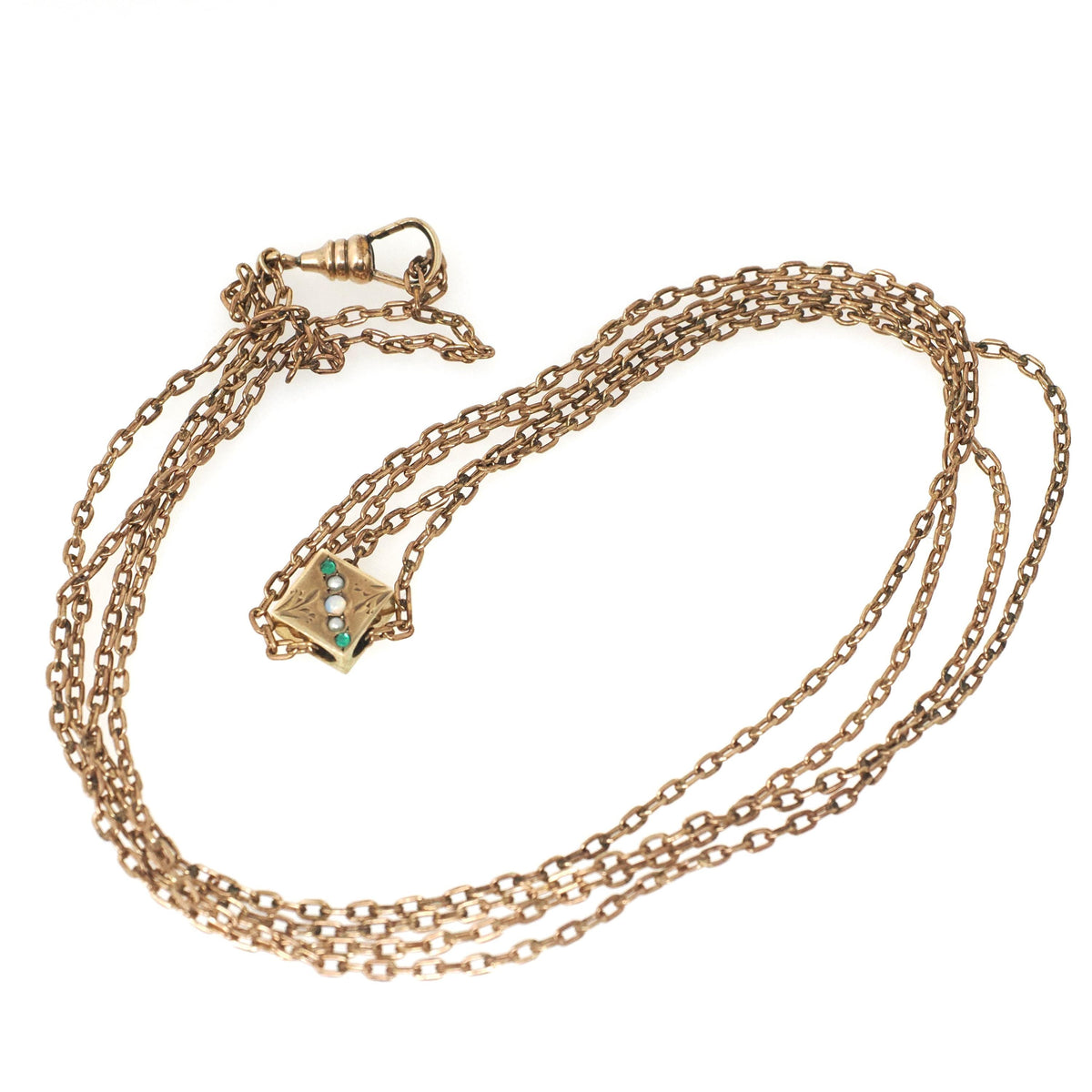 Antique Lorgnette Chain - Edwardian Gold Filled Square Opal Glass Necklace - Vintage Circa 1900s Era Curb Links Dog Clip Charm Slide Jewelry