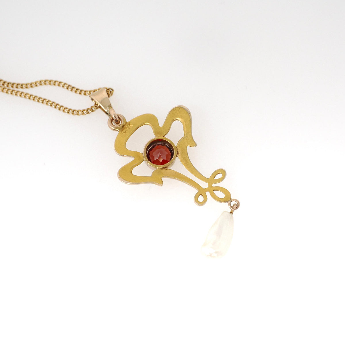 Antique Lavalier Necklace - Edwardian 10k Yellow Gold Natural Red Garnet Baroque Pearl Charm Pendant - Vintage Circa 1910s Era Fine Jewelry