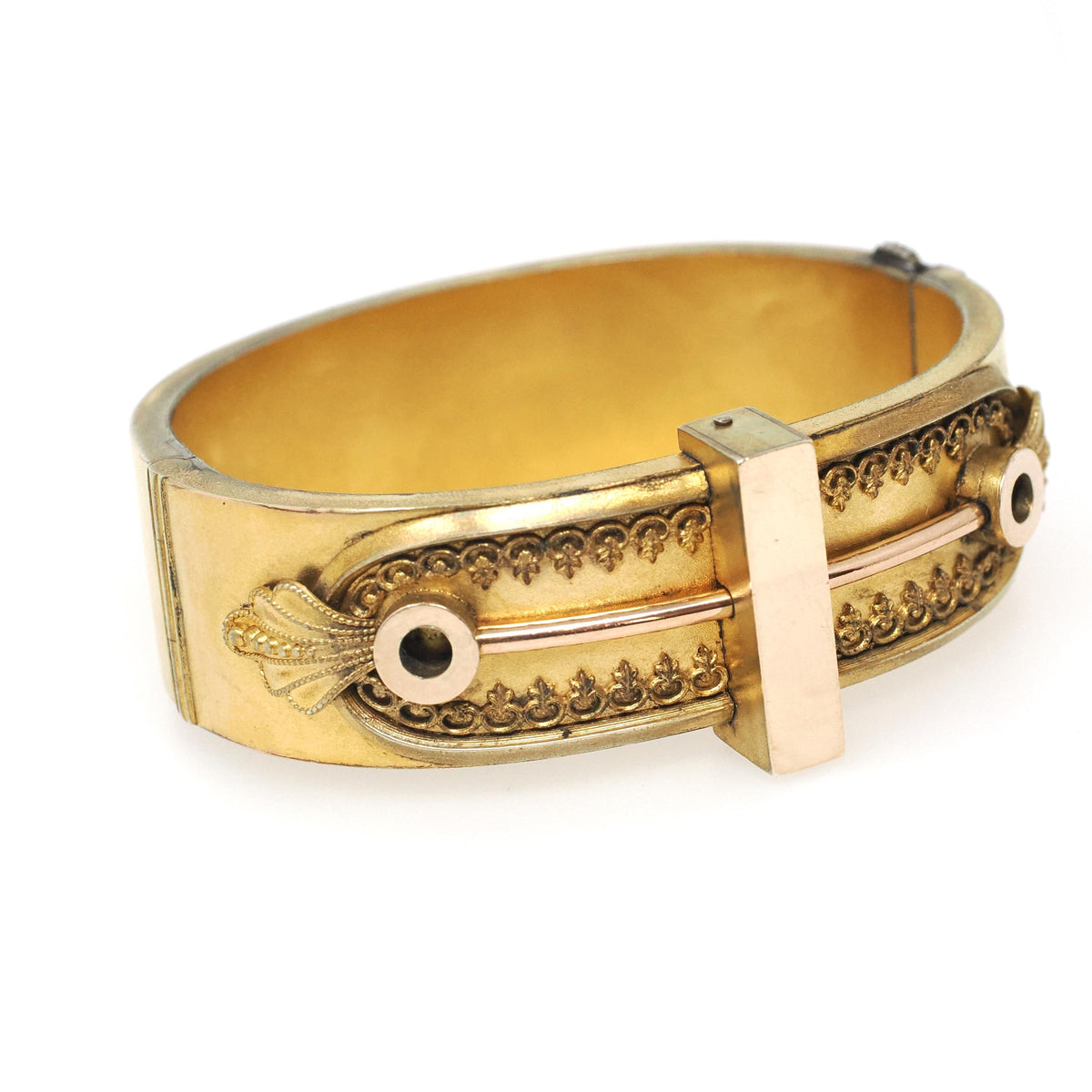 Etruscan Revival Bracelet - Victorian Gold Filled Industrial Style Hinged Bangle Design - Circa 1880s Era Filigree Patina Fashion Jewelry