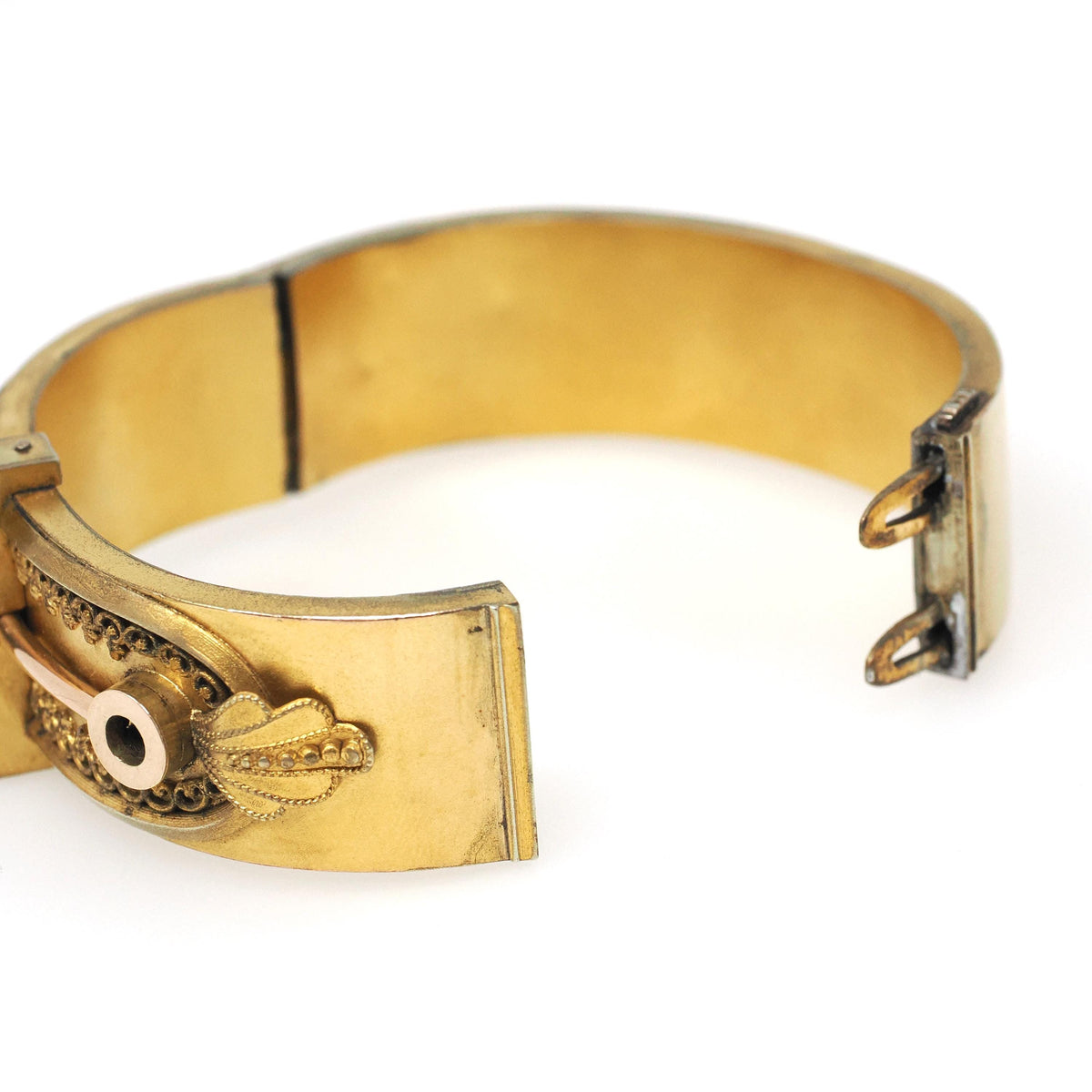 Etruscan Revival Bracelet - Victorian Gold Filled Industrial Style Hinged Bangle Design - Circa 1880s Era Filigree Patina Fashion Jewelry