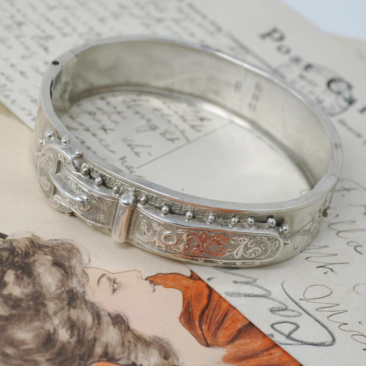 English Buckle Bracelet- Antique Sterling Silver Dated 1887 Engraved Floral Paisley Bangle - Victorian Era Birmingham Fine Statement Jewelry
