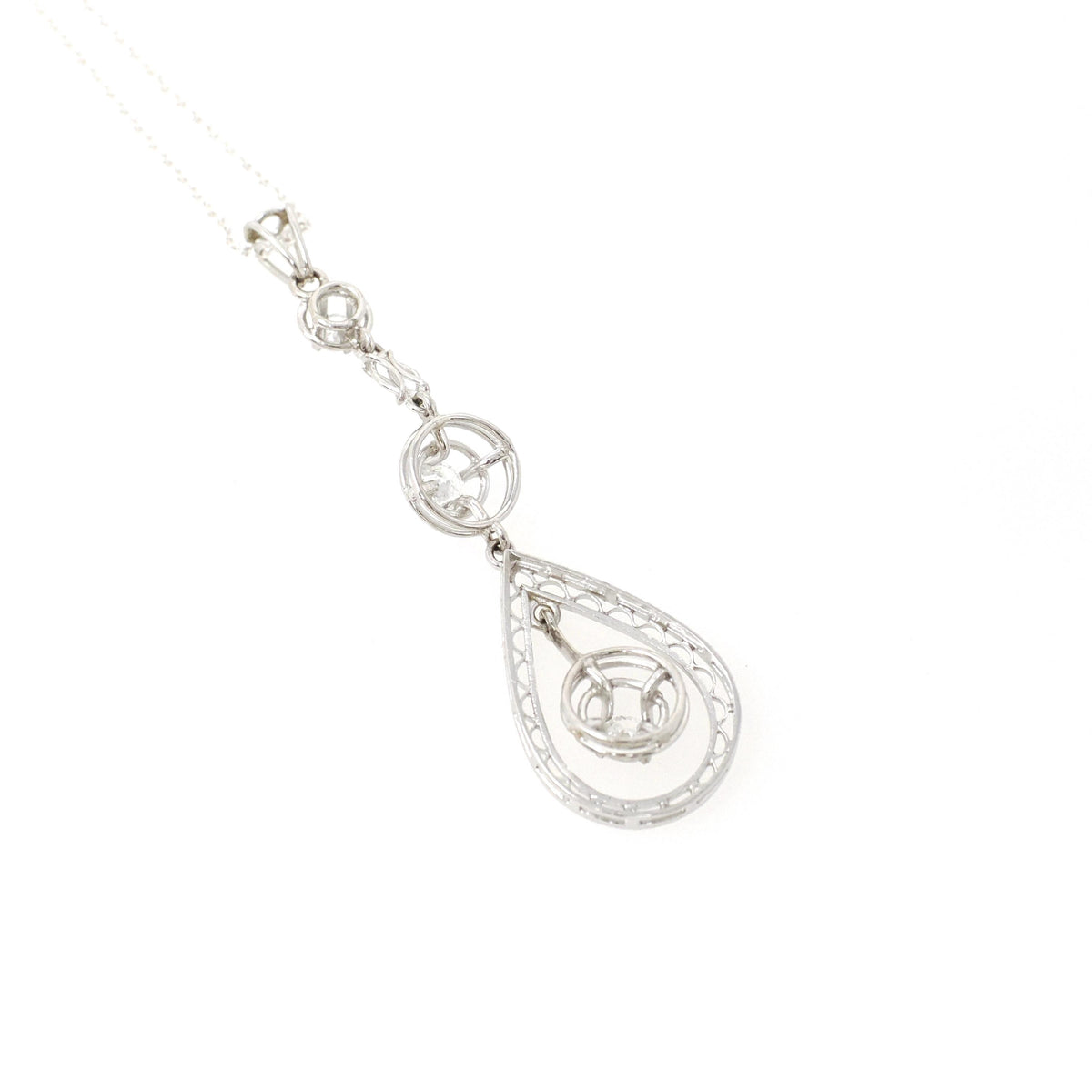 Art Deco Diamond Lavalier - Vintage 14k White Gold Natural .19 CTW Filigree Drop Pendant - Circa 1930s Era April Birthstone Fine Jewelry