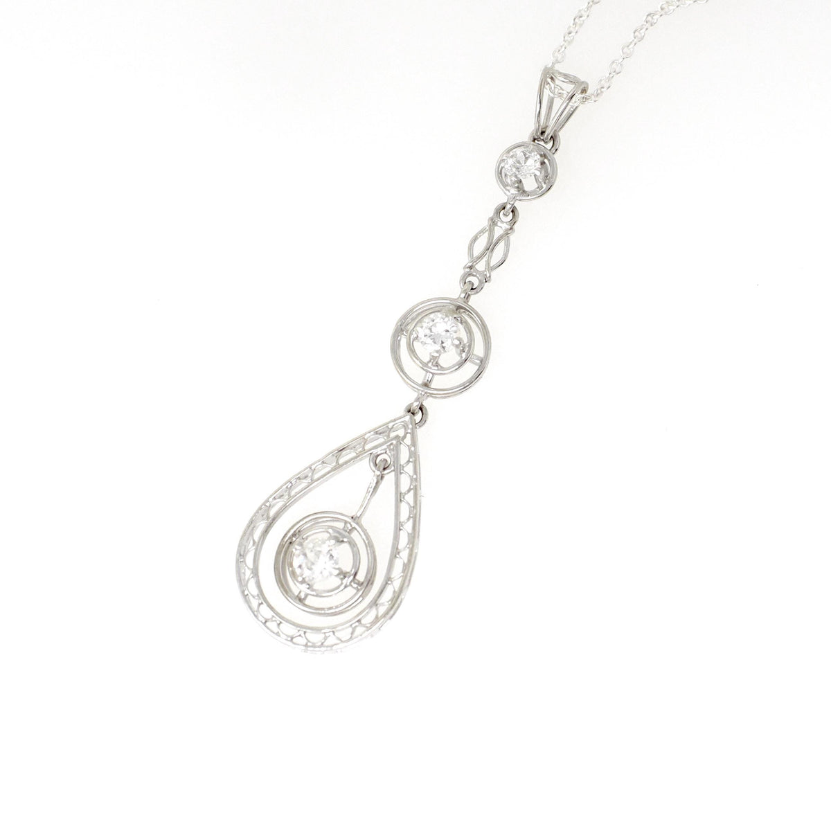 Art Deco Diamond Lavalier - Vintage 14k White Gold Natural .19 CTW Filigree Drop Pendant - Circa 1930s Era April Birthstone Fine Jewelry