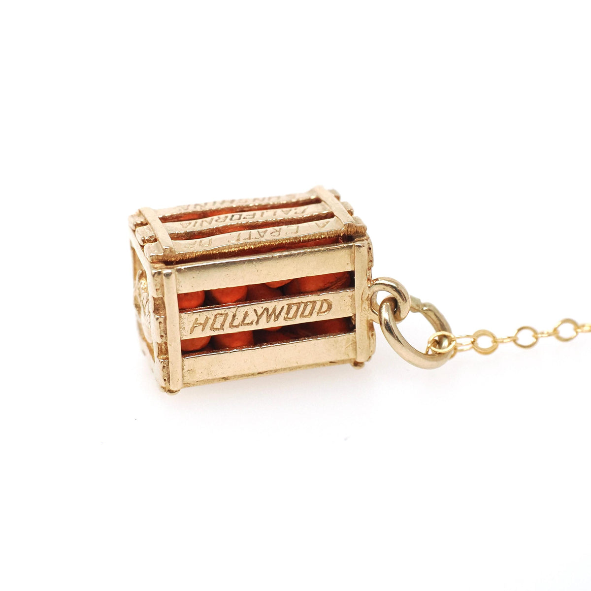 Vintage Orange Crate Charm - Estate 14k Yellow Gold Box of Citrus California Souvenir Pendant Necklace - Circa 1980s Quirky Fine 80s Jewelry